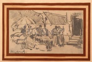 Pörge Gergely (1858-1930): Vásár,  grafika, papír, jelzett, üvegezett keretben 11×20cm