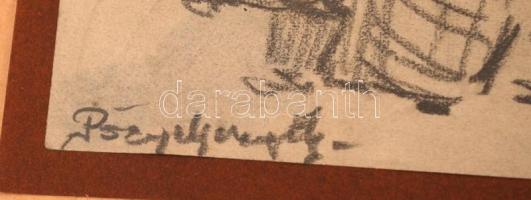 Pörge Gergely (1858-1930): Vásár,  grafika, papír, jelzett, üvegezett keretben 11×20cm