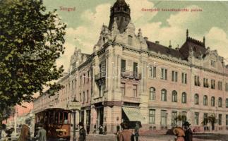 Szeged, Csongrádi takarékpénztár palota, villamos, gyógyszertár, Schwarz üzlete (EK)