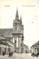 Komárom, Komárno; Szent András templom, Koren József üzlete, Leisz Nándor üzlete kiadja Czike Dénes / church, shops