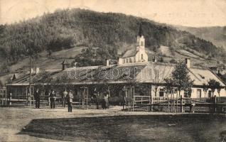 Szomolnokhuta, Smolnicka Huta; Templom, iskola, kiadja D.K.F. / church, school (EK)