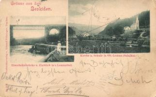 1899 Horní Lomná, Ober Lomna; Beskiden, Kirche, Schule, Eisenbahnbrücke, Lomnathal / church, school, railway bridge, valley; Eduard FeitzingerNr. 120. (EK)