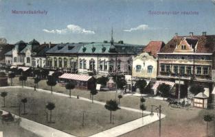 Marosvásárhely, Targu Mures; Széchényi-tér, Révész Béla üzlete, Drogéria, Zsakó Kálmán Dohányáruda, kiadja Porjes S. Sándor / square, shop, drugstore, tobacco shop (EK)