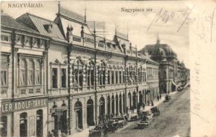 Nagyvárad, Oradea; Nagypiac tér, Wechsler Adolf és társa üzlete, Weisz Mór üzlete, fodrászterem, Andrényi Károly és Fia Vasudvar, kiadja Sonnenfeld Adolf / market square, shops, barber shop (b)