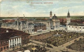 Nagyvárad, Oradea; Szent László tér, piac, Kávéház, Általános Takarékpénztár, villamos / square, market, coffe shop, general savings bank, tram (EK)