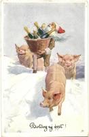 New Year, pigs, champagne, Santa Claus, B.K.W.I. 3023-2. s: M.P.