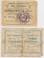 Franciaország / Oignies (Pas-de-Calais) 1914. 50c bélyegzéssel + Ville d'Orchies 1915. 50c T:III,III- Francee / Oignies (Pas-de-Calais) 1914. 50 Centimes with stamp + Ville d'Orchies 1915. 50 Centimes C:F,VG