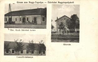 Nagytopoly, Topolovatu Mare; Özv. Koch Dávidné üzlete, vasútállomás, csendőrlaktanya / gendarmerie station, Koch's shop, railway station