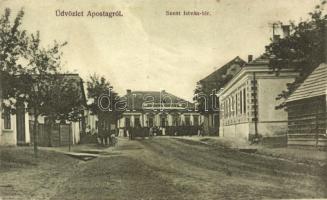 Apostag, Szent István tér, Első Dunavidéki Takarékpénztár; Rajos Endre kiadása, Klein fényképész felvétele