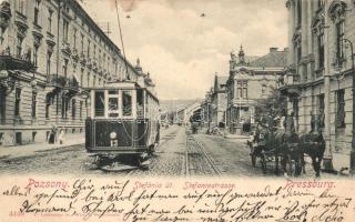 Pozsony, Bratislava; Stefánia út, villamos, lovaskocsi, kiadja C. Ledermann jr. / street, tram, carriage (EK)