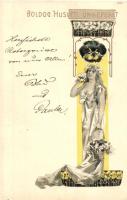 Easter, lady, Art Nouveau floral, Emb. litho (b)