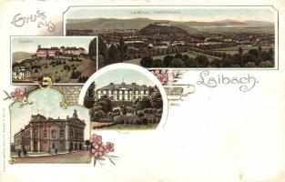 Ljubljana; Laibach; Castle, Theater, Tivoli, floral, litho (r)