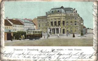 Pozsony, Pressburg, Bratislava; Városi Színház, villamos, kiadja Duchinsky G. / theater, tram (kis szakadás / small tear)