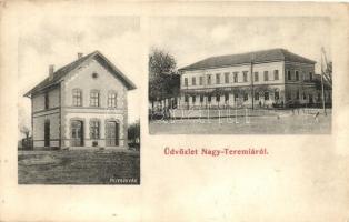 Nagyteremia, Máriafölde, Teremia Mare; pályaudvar, községháza / railway station, town hall (fa)