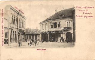 Fogaras, Fagaras; piactér, Lauritsch Hotel, A. Nehrer üzlete, kiadja A. Wazek és A. Nehrer / market square, Hotel Lauritsch, shop (EK)