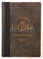 Andrees Allgemeiner Handatlas. Második kiadás. Bielefeld &amp; Leipzig, 1886, Velhagen &amp; Klasig Verlag. 120 térképpel. Nagyalakú, gerincén megerősített, kissé kopottas vászonborítású album, cserélt előzékekkel. Több lapon elázásból adódó színes folt.