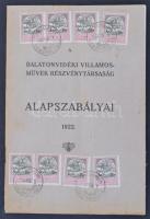 1922 A Balatonvidéki Villamosművek Részvénytársaság alapszabályai, okmánybélyegekkel (50fill.), pp.:15, 23x15cm