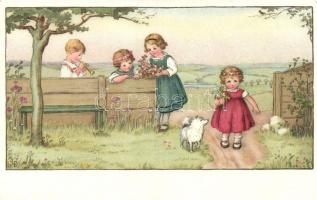 Children by the fence, dog; Meissner & Buch Künstler-Postkarten Serie 2448, litho, s: LD (EB)