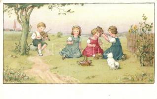 Children in the garden, boy playing violin, dog; Meissner & Buch Künstler-Postkarten Serie 2448, litho, s: LD (EK)