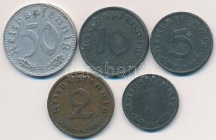 Német 3. Birodalom 1938A 2pf Br + 1940B 1pf Zn + 10pf Zn + 1943D 5pf Zn + 1943B 50pf Al T:2,2- German Third Reich 1938A 2 Pfennig Br + 1940B 1 Pfennig Zn + 10 Pfennig Zn + 1943D 5 Pfennig Zn + 1943B 50 Pfennig Al C:XF,VF