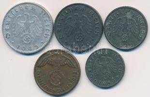 Német 3. Birodalom 1938A 2pf Br + 1940B 1pf Zn + 10pf Zn + 1943D 5pf Zn + 1943B 50pf Al T:2,2-
Germ...