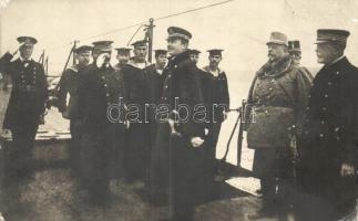 Charles IV. King of Hungary and Admiral Anton Haus on a warship, probably the SMS Tegethoff, censorship stamp on the backside; published by the Österreichischen Flottenvereines für Rotes Kreuz (EB)