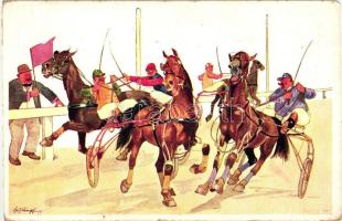 Horses and jockeys, 2 graphic motive postcards about different types of horseracing, s: Schönpflung, Donadini