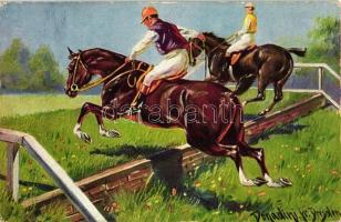Horses and jockeys, 2 graphic motive postcards about different types of horseracing, s: Schönpflung,...