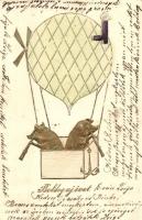 Boldog újévet / New Year greeting card, pigs in air balloon with telescopes, golden decoration, emb. (EK)