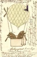 'Boldog újévet' / New Year greeting card, pigs in air balloon with telescopes, golden decoration, emb. (EK)