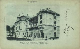 1899 Bártfafürdő, Bardejovské Kúpele; Új gyógyház, Werther J. üzlete, kölcsönkönyvtár; kiadja Divald K. fia / new spa building, shop, lending library (Rb)