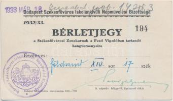 1933 Bérletjegy a Székesfőváros Zenekarnak a Pesti Vígadóban tartandó hangversenyeire, Budapest Székesfőváros Iskolánkivüli Népművelési Bizottsága,8x15cm