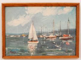 Bánfi jelzéssel: Kilátás a Balatonra. Olaj, karton, jelzett, üvegezett keretben, 23x33 cm