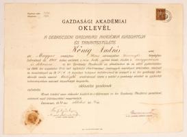 1930 Debrecen, A Gazdasági Akadémia által kiállított okleveles gazdának minősítő oklevél, rajta a m.kir. gazdasági akadémia igazgatójának aláírásával