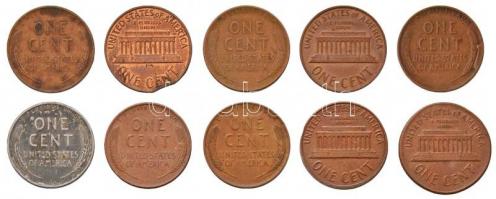 Amerikai Egyesült Államok 1939-1970. 1c Br/Zn "Lincoln" (10xklf) verethibás érmék T:vegyes...