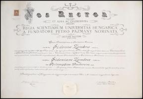 1930 Bp., A Királyi Magyar Pázmány Péter Tudományegyetem által kiadott filozófiai doktori diploma