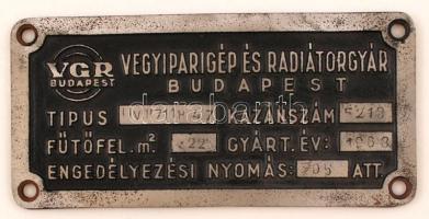 Vegyiparigép és Radiátorgyár Budapest gőzkazán gyártási tábla, 10x22 cm