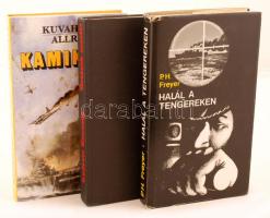 3 db II. világháborúval kapcsolatos könyv-Ludovic Kennedy: Óriások csatája. A Bismarck csatahajó üldözésének és elsüllyesztésének története. Bp., 1983, Európa Könyvkiadó; Paul Herbert Freyer: Halál a tengereken. A fasiszta Németország tengeralattjáró-flottája a második világháborúban; Kuvahara Jaszuo-Gordon T. Allred: Kamikaze. Bp., 1988, Zrínyi Kiadó. Kiadói egészvászon és kartonált kötés, jó állapotban.