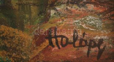 Halápy jelzéssel: Kis házak az erdő mélyén. Olaj, farost, üvegezett fa keretben, 22x43 cm