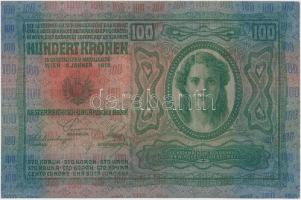 1912. 100K piros "MAGYARORSZÁG" körbélyegzéssel T:I-
Hungary 1912. 100 Korona with red &q...