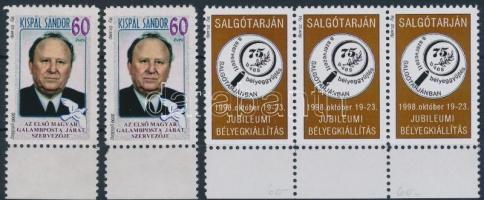 Kispál Sándor magánbélyeg 2 db + 75 éves a szervezett bélyeggyűjtés Salgótarjánban ívszéli hármascsík