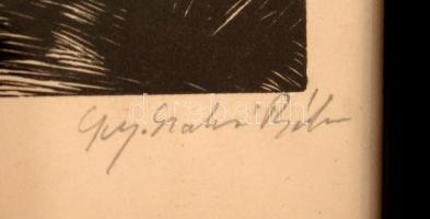 Gy. Szabó Béla (1905-1985): Az erdőben, fametszet, papír, jelzett, üvegezett fa keretben, 27,5×22,5 ...