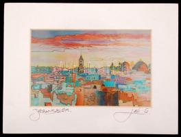 Jeruzsálem szignált izraeli nyomat paszpartuban / Jerusalem print with autograph sign 20x15 cm