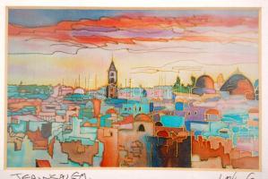 Jeruzsálem szignált izraeli nyomat paszpartuban / Jerusalem print with autograph sign 20x15 cm