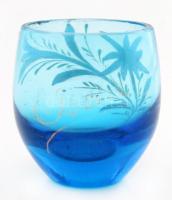 Havasi gyopárral díszített kis üvegpohárka "Ischl" felirattal, kopásnyomokkal, kis csorbák...