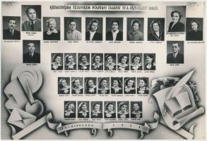 1953 Székesfehérvár, Közgazdasági Technikum pénzügyi tagozatának végzett növendékei, kistabló 33 nevesített portréval, 15x23 cm