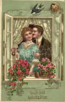 Love greeting card, couple, swallows, floral, golden litho (EK)