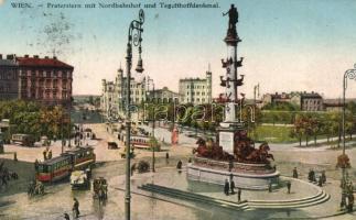 Vienna, Wien II. Praterstern, Nordbahnhof, Tegetthoffdenkmal / railway station, statue, trams (EK)
