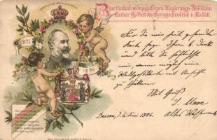 1896 Zum Fünfundzwanzigjahrigen Regierungs-Jubilaum Seiner Hoheit des herzogs Friedrich v. Anhalt / Frederick I, Duke of Anhalt, twenty-fifth government anniversary, coat of arms, floral, litho (b)