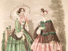 1853 Frey: divat témájú színezett rézmetszet / Fashion colored etching 18x27 cm